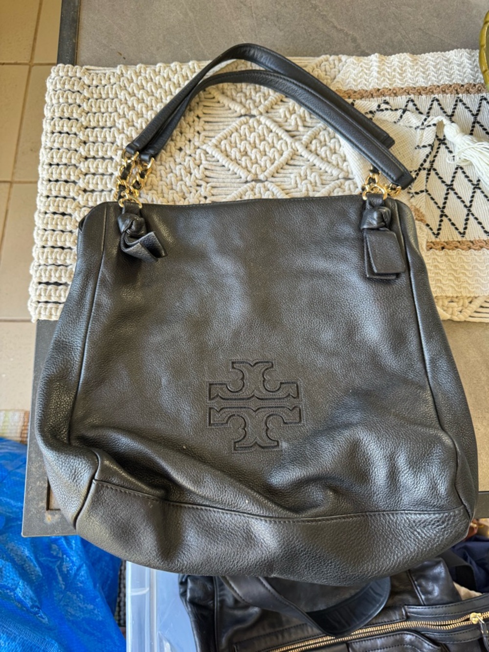 Tory Burch Black Pebbled Leather Shoulder Hobo with Gold Hardware